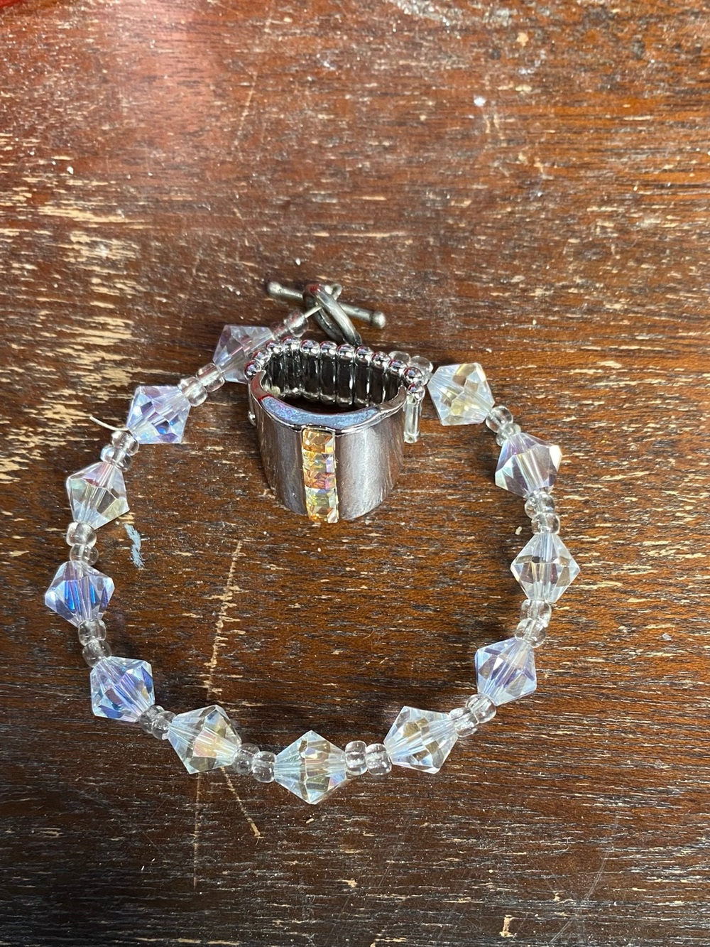 Crystal Bead Stretch Bracelet with Iridescent Accent Stretch Ring